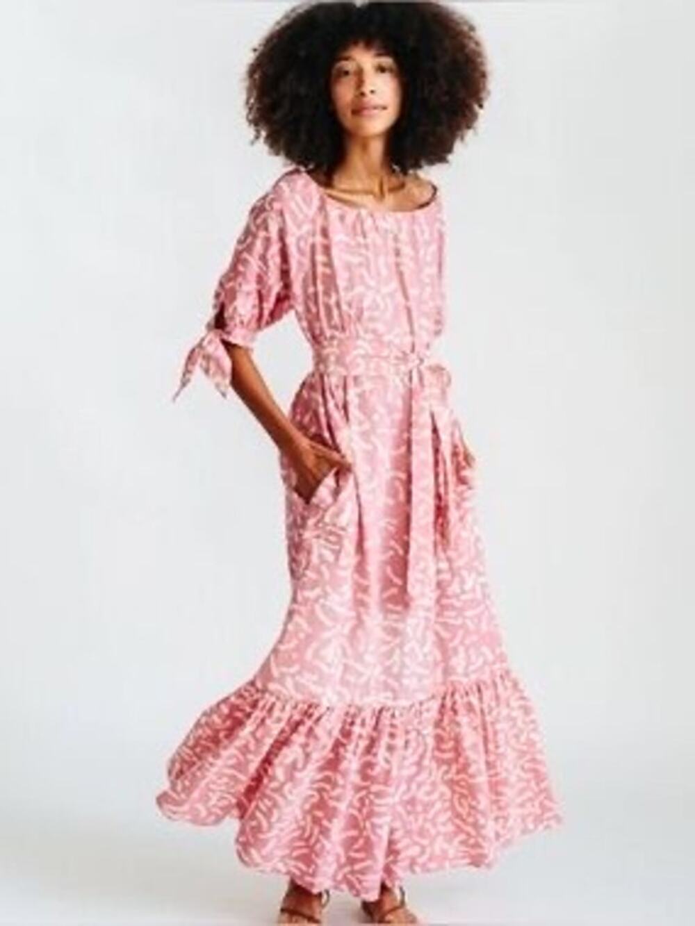 MIRTH Handmade Pink Abstract Print Belted Maxi Dress XS